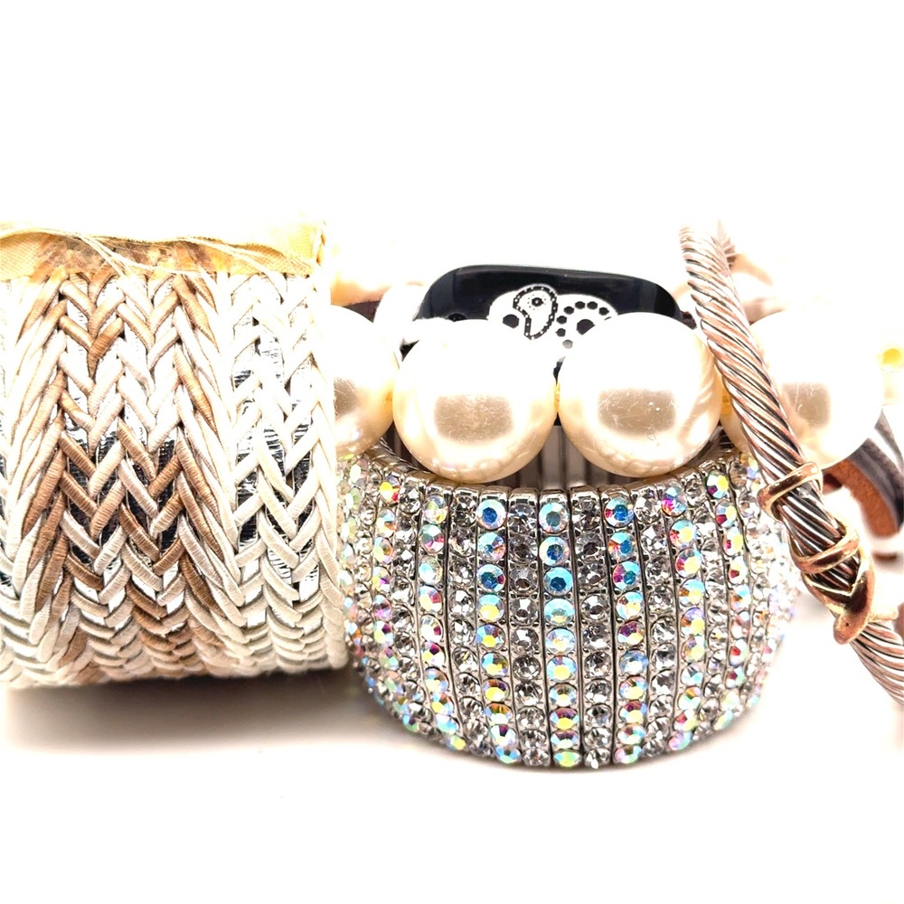 Womens 5pc Jewelry Bundle AB Rhinestone Cuff Pearl Elephant Leather Woven Bangle
